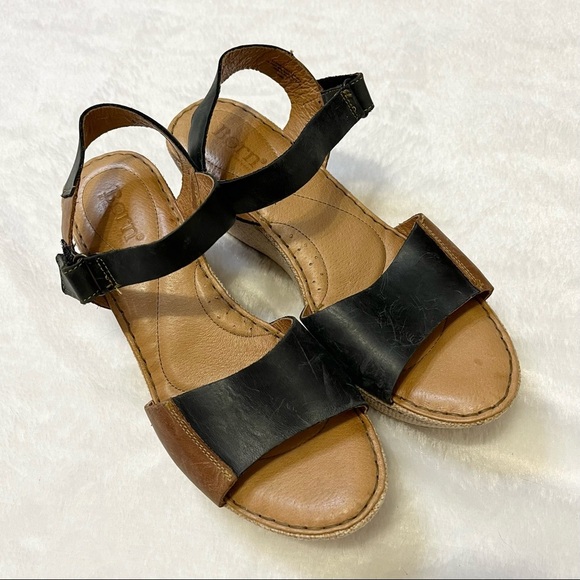 Born Nectar Brown Black Leather Two Tone Open Toe Wedge Sandal Women Size 9 - Picture 3 of 13